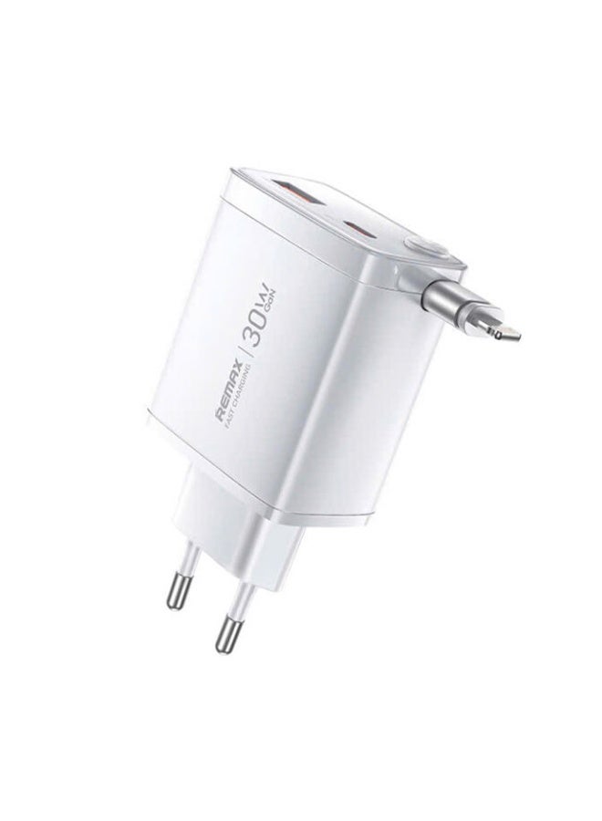 ريماكس شاحن سريع 30 وات GaN مع منافذ USB و Type-C، لجميع أجهزة Android مع كابل Lightning مدمج مخفي متوافق مع iPhone و iPad، صغير الحجم وآمن وسهل السفر - Image 1