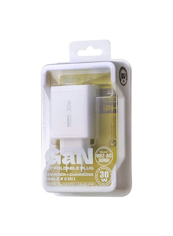 ريماكس شاحن سريع 30 وات GaN مع منافذ USB و Type-C، لجميع أجهزة Android مع كابل Lightning مدمج مخفي متوافق مع iPhone و iPad، صغير الحجم وآمن وسهل السفر - Image 2