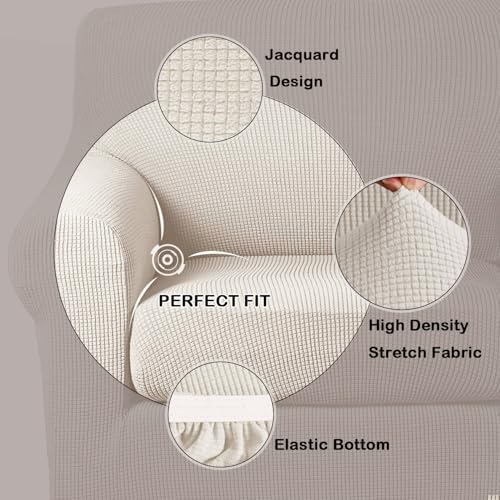 Turquoize 2 Piece Chair Covers Chair Slipcovers for Living Room Armchair Sofa Covers Chair Couch Cover with Arms Washable Furniture Protector for Chairs Feature Thick Jacquard Fabric (Chair, Ivory) - Image 3