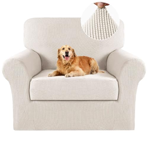 Turquoize 2 Piece Chair Covers Chair Slipcovers for Living Room Armchair Sofa Covers Chair Couch Cover with Arms Washable Furniture Protector for Chairs Feature Thick Jacquard Fabric (Chair, Ivory) - Image 1