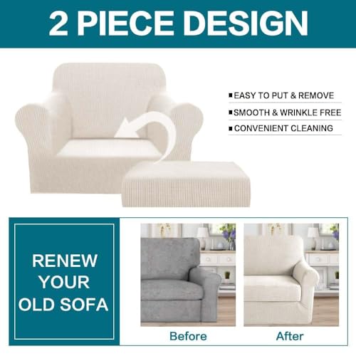 Turquoize 2 Piece Chair Covers Chair Slipcovers for Living Room Armchair Sofa Covers Chair Couch Cover with Arms Washable Furniture Protector for Chairs Feature Thick Jacquard Fabric (Chair, Ivory) - Image 4