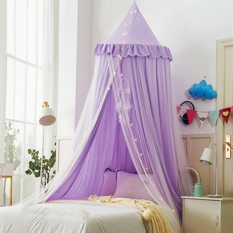 VETHIN Bed Canopy for Kids with LightsDouble Layer Princess Round Dome Children Dreamy Mosquito Net Bedding Girls Room Castle Play Tent Hanging House Decor Reading Nook CanopiesPurpleWhite