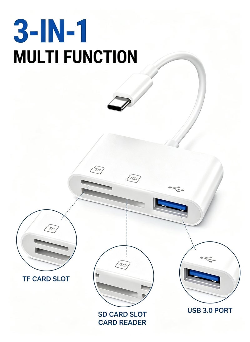 ميفيدو قارئ بطاقات ذاكرة محمول 3 في 1 بمنفذ USB 3.0 وType-C، ومحول بفتحتين لبطاقات SD وTF يدعم القراءة والكتابة المتزامنة؛ جهاز لنقل ونسخ صور الكاميرا أثناء السفر، متوافق مع الهواتف الذكية وأجهزة الكمبيوتر المحمولة والأجهزة اللوحية المزودة بمنفذ USB-C (اللون: أبيض) - Image 1
