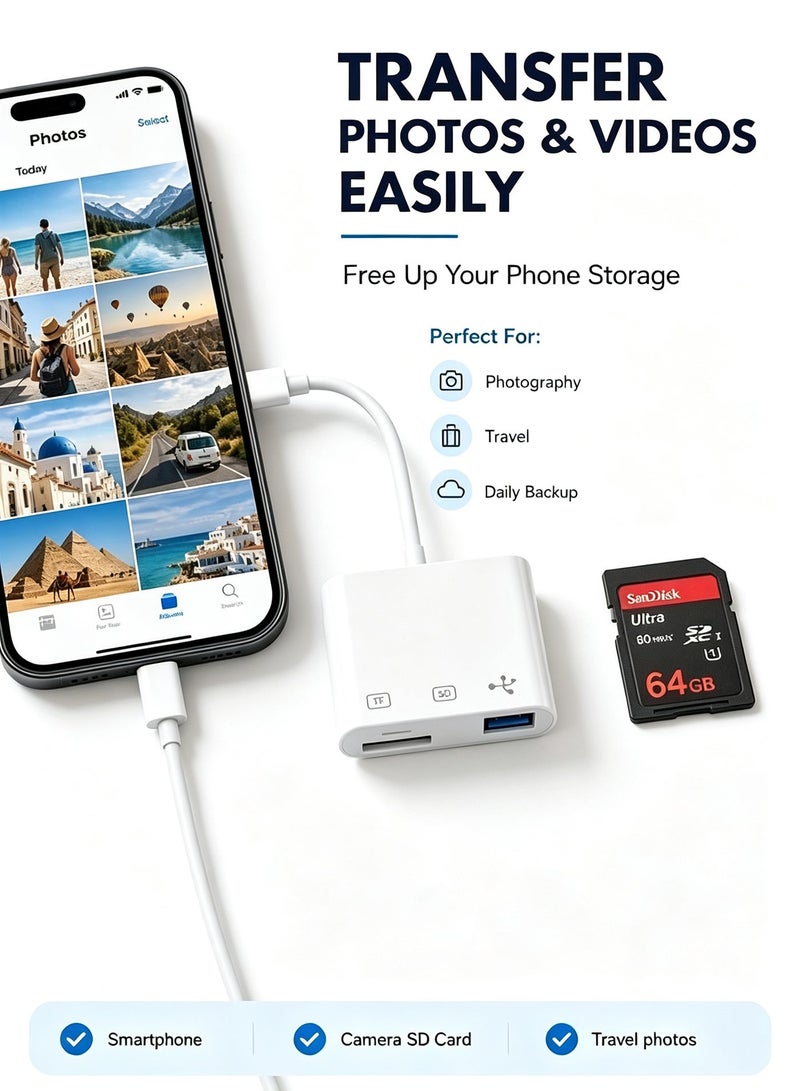 ميفيدو قارئ بطاقات ذاكرة محمول 3 في 1 بمنفذ USB 3.0 وType-C، ومحول بفتحتين لبطاقات SD وTF يدعم القراءة والكتابة المتزامنة؛ جهاز لنقل ونسخ صور الكاميرا أثناء السفر، متوافق مع الهواتف الذكية وأجهزة الكمبيوتر المحمولة والأجهزة اللوحية المزودة بمنفذ USB-C (اللون: أبيض) - Image 3