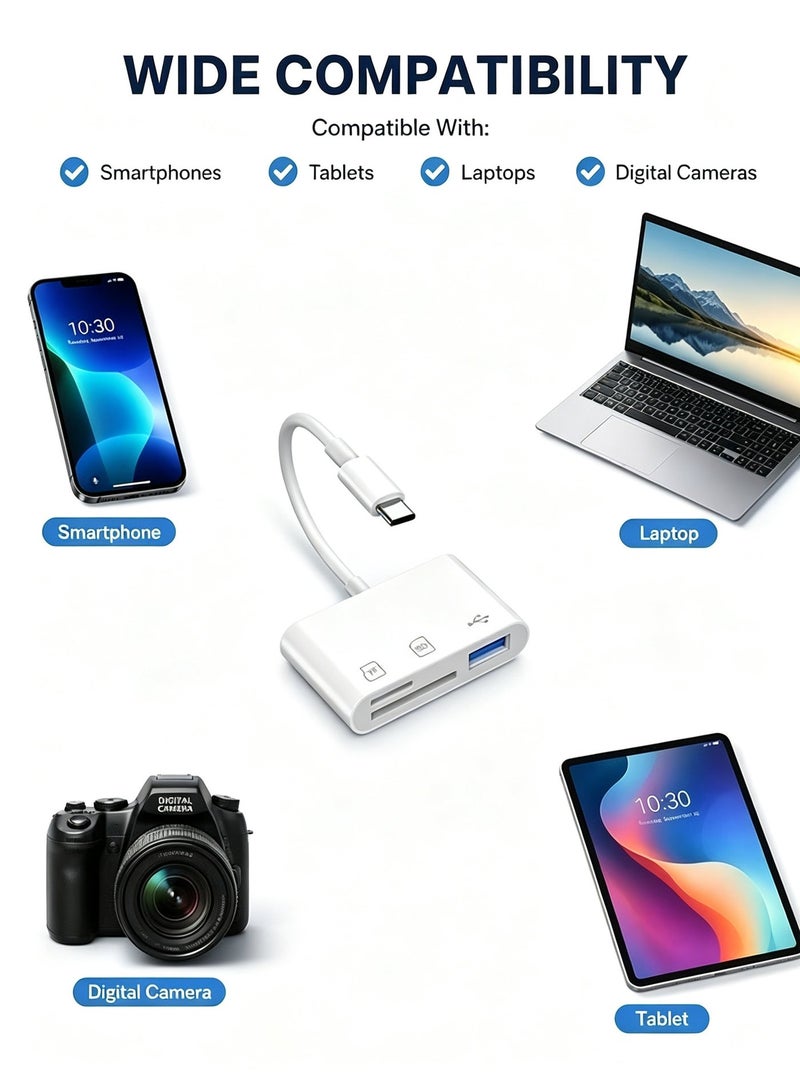 ميفيدو قارئ بطاقات ذاكرة محمول 3 في 1 بمنفذ USB 3.0 وType-C، ومحول بفتحتين لبطاقات SD وTF يدعم القراءة والكتابة المتزامنة؛ جهاز لنقل ونسخ صور الكاميرا أثناء السفر، متوافق مع الهواتف الذكية وأجهزة الكمبيوتر المحمولة والأجهزة اللوحية المزودة بمنفذ USB-C (اللون: أبيض) - Image 4