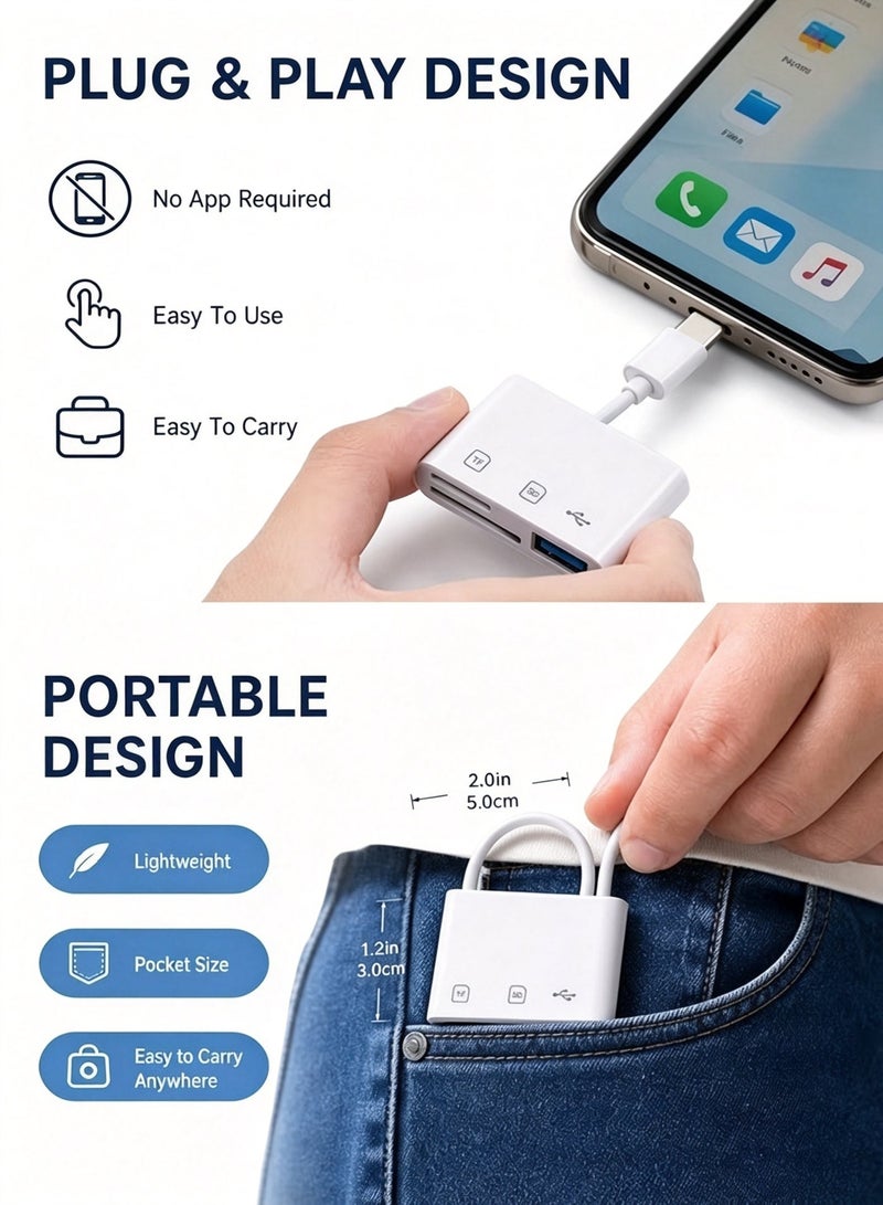 ميفيدو قارئ بطاقات ذاكرة محمول 3 في 1 بمنفذ USB 3.0 وType-C، ومحول بفتحتين لبطاقات SD وTF يدعم القراءة والكتابة المتزامنة؛ جهاز لنقل ونسخ صور الكاميرا أثناء السفر، متوافق مع الهواتف الذكية وأجهزة الكمبيوتر المحمولة والأجهزة اللوحية المزودة بمنفذ USB-C (اللون: أبيض) - Image 5