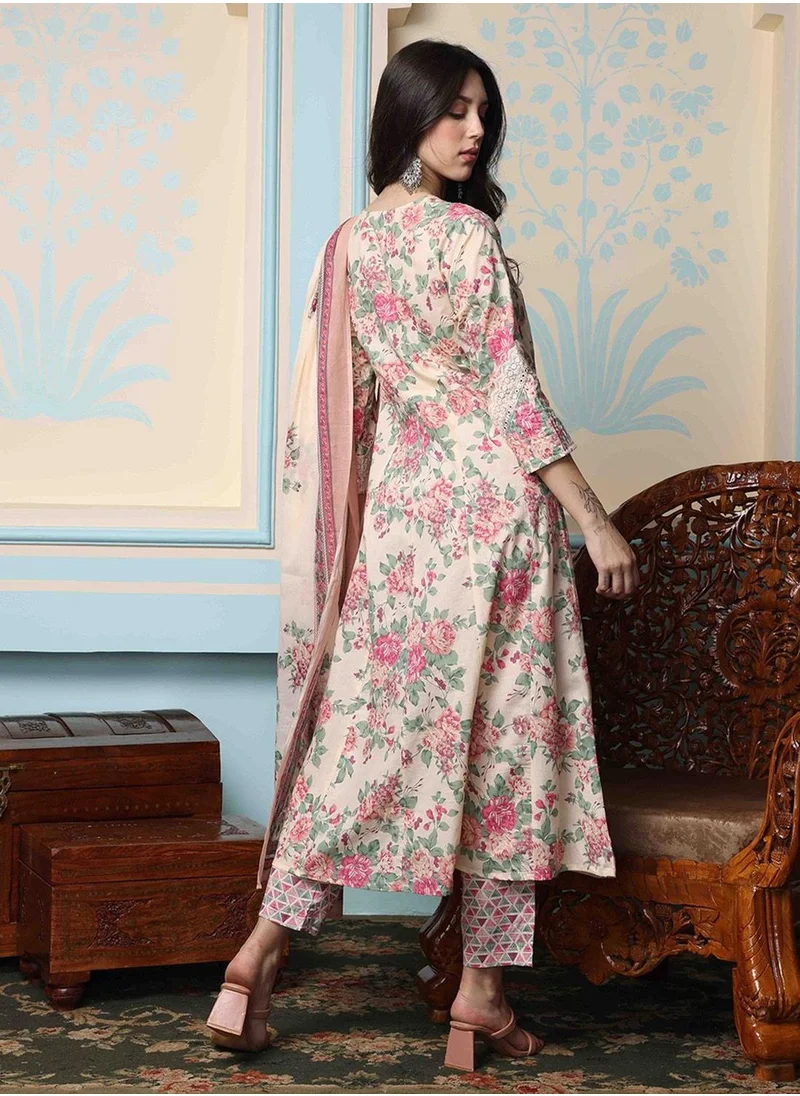 ISHIN Regular Fit Embellished Pattern Round Neck Neck Three-Quarter Sleeve Cream Colour Knitted Cotton Gown Pant Dupatta for Women with Mid-Rise Closure - Unmatched Grace and Comfort