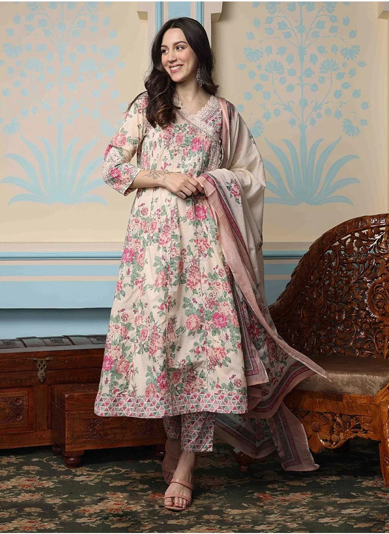 ISHIN Regular Fit Embellished Pattern Round Neck Neck Three-Quarter Sleeve Cream Colour Knitted Cotton Gown Pant Dupatta for Women with Mid-Rise Closure - Unmatched Grace and Comfort