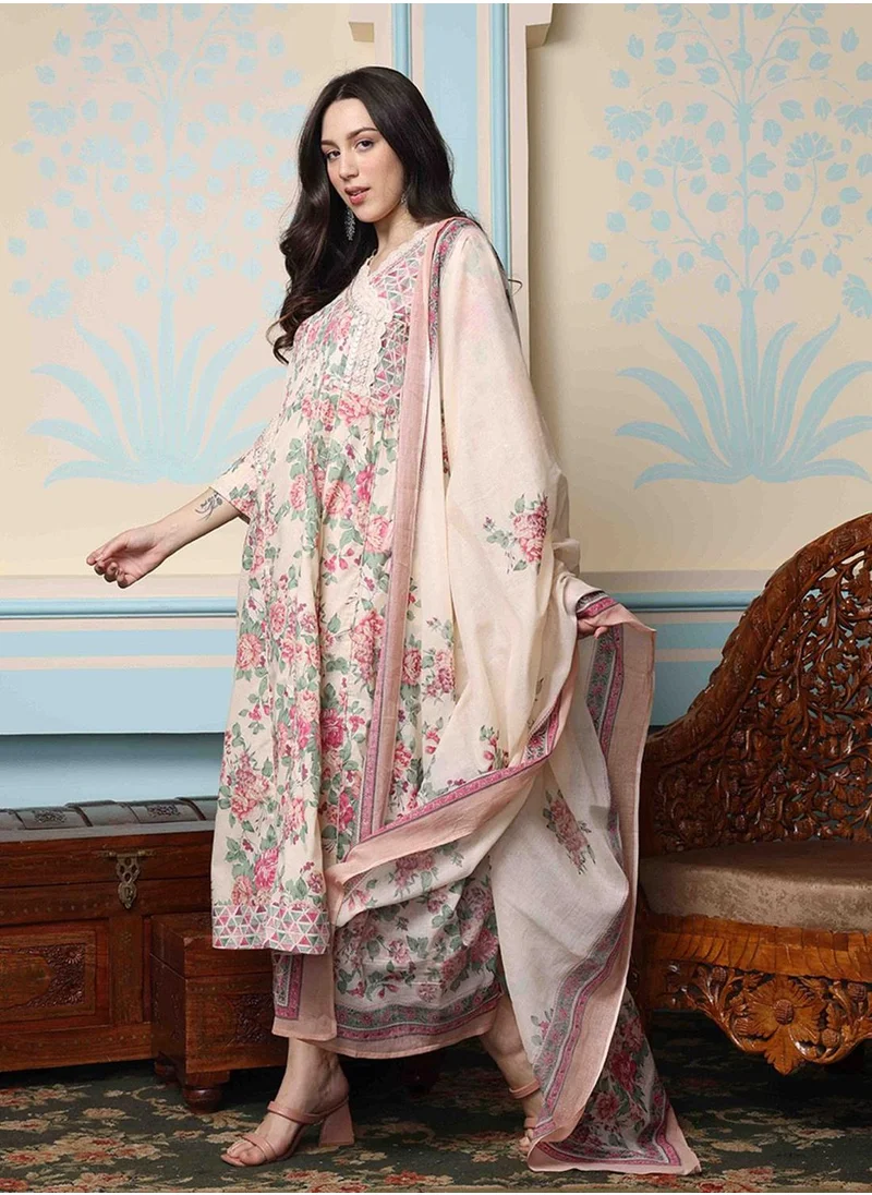 ISHIN Regular Fit Embellished Pattern Round Neck Neck Three-Quarter Sleeve Cream Colour Knitted Cotton Gown Pant Dupatta for Women with Mid-Rise Closure - Unmatched Grace and Comfort