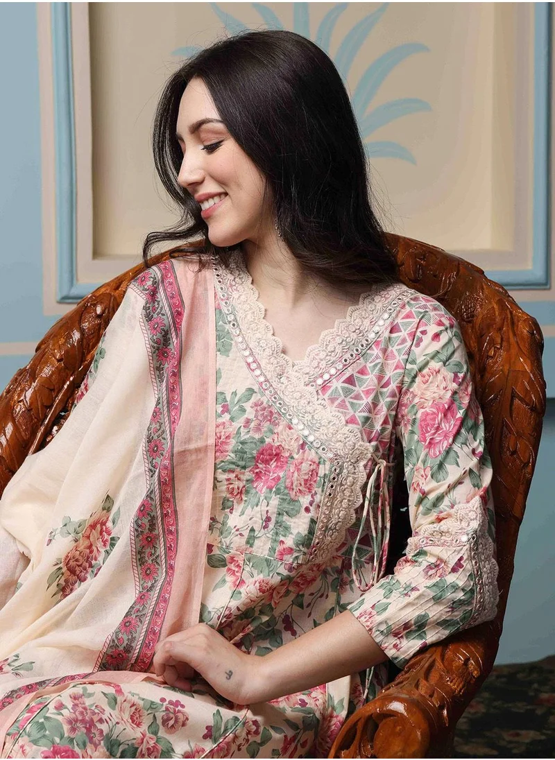 آي شين Regular Fit Embellished Pattern Round Neck Neck Three-Quarter Sleeve Cream Colour Knitted Cotton Gown Pant Dupatta for Women with Mid-Rise Closure - Unmatched Grace and Comfort