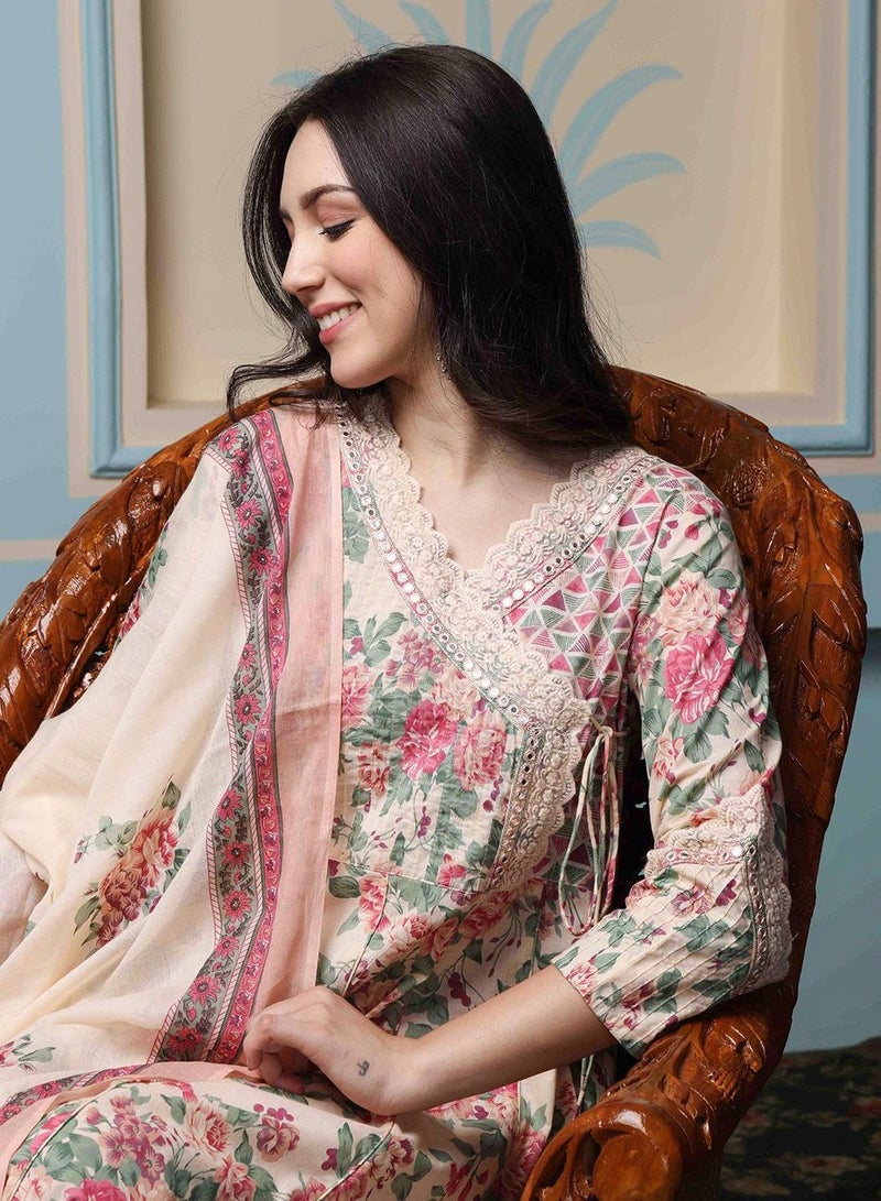 ISHIN Women's Cream 100% Cotton Embellished Regular Fit Kurta Set  - Image 2