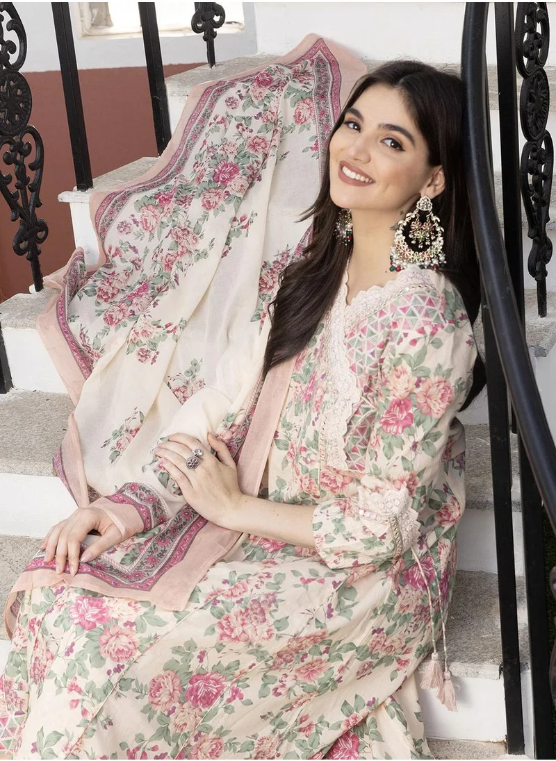 آي شين Regular Fit Embellished Pattern Round Neck Neck Three-Quarter Sleeve Cream Colour Knitted Cotton Gown Pant Dupatta for Women with Mid-Rise Closure - Unmatched Grace and Comfort