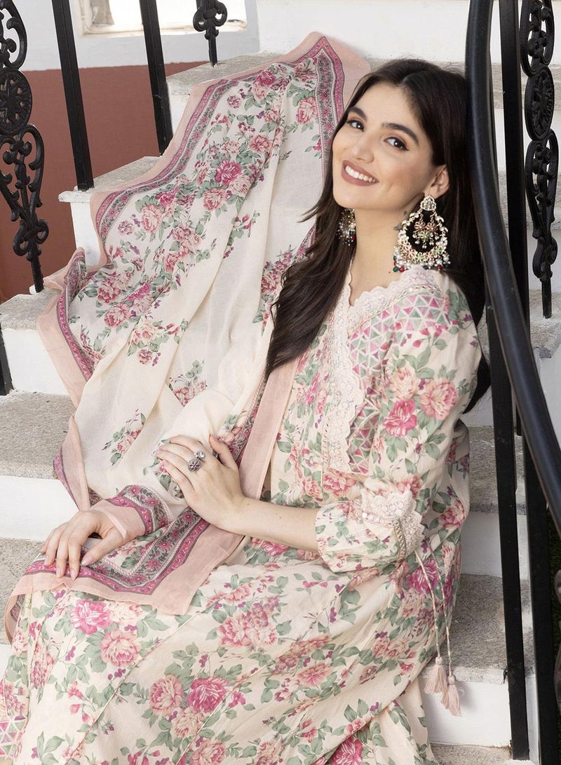 ISHIN Women's Cream 100% Cotton Embellished Regular Fit Kurta Set  - Image 1