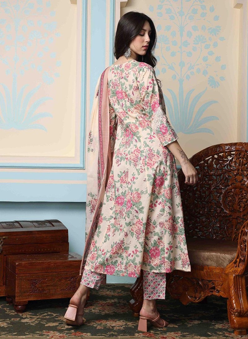 ISHIN Women's Cream 100% Cotton Embellished Regular Fit Kurta Set  - Image 5