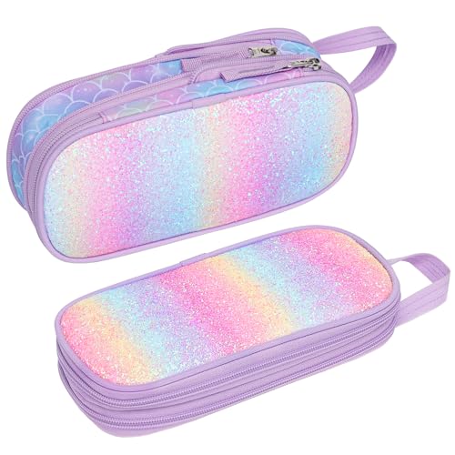 Bagseri Pencil Case for Girls - Expandable Cute Pencil Case for Kids Large Capacity Pencil Pouch Organizer for School Student Office Supplies, Pen Case Only (Purple, Mermaid Scale) - Image 1