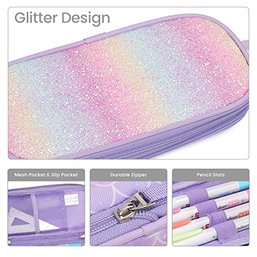 Bagseri Pencil Case for Girls - Expandable Cute Pencil Case for Kids Large Capacity Pencil Pouch Organizer for School Student Office Supplies, Pen Case Only (Purple, Mermaid Scale) - Image 5