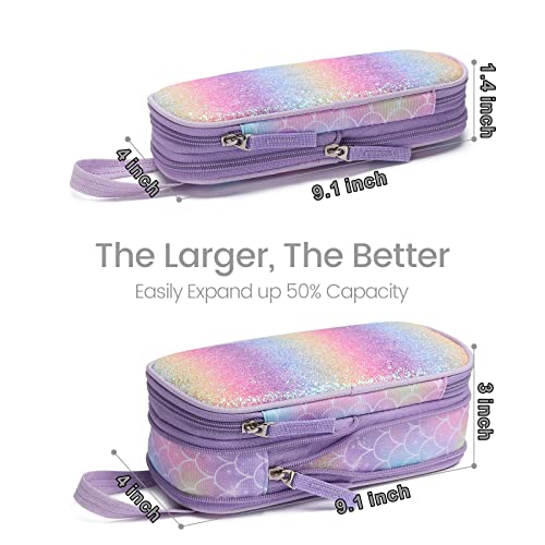 Bagseri Pencil Case for Girls - Expandable Cute Pencil Case for Kids Large Capacity Pencil Pouch Organizer for School Student Office Supplies, Pen Case Only (Purple, Mermaid Scale) - Image 3
