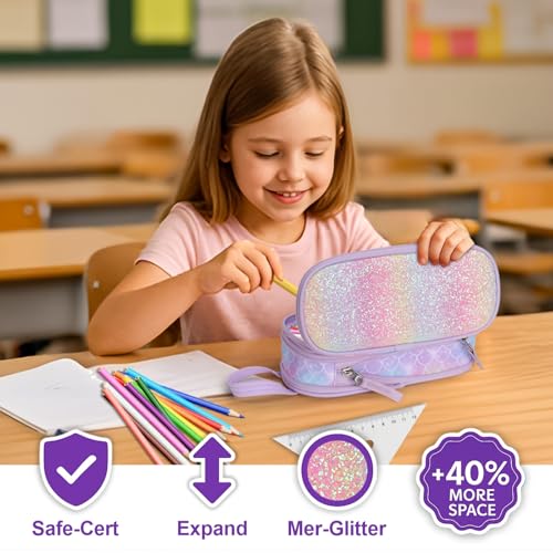 Bagseri Pencil Case for Girls - Expandable Cute Pencil Case for Kids Large Capacity Pencil Pouch Organizer for School Student Office Supplies, Pen Case Only (Purple, Mermaid Scale) - Image 2