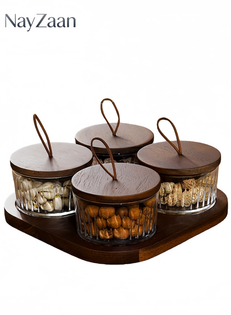 NayZaan Round Glass Snack Container, Snack Storage Box And Fruit Bowl Features Locust Wood Lid And Compartmentalized Tray Specialized Layered Tray For Nuts, Candies, And Dried Fruits (Includes 4 Jars) - Image 1
