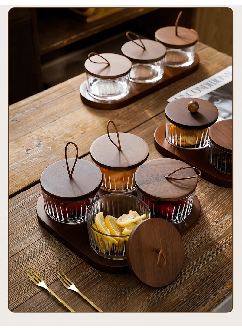 NayZaan Round Glass Snack Container, Snack Storage Box And Fruit Bowl Features Locust Wood Lid And Compartmentalized Tray Specialized Layered Tray For Nuts, Candies, And Dried Fruits (Includes 4 Jars) - Image 3
