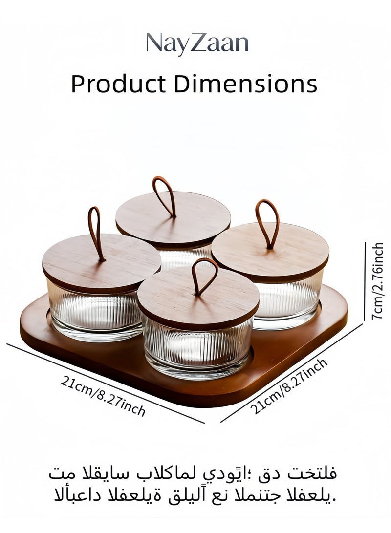 NayZaan Round Glass Snack Container, Snack Storage Box And Fruit Bowl Features Locust Wood Lid And Compartmentalized Tray Specialized Layered Tray For Nuts, Candies, And Dried Fruits (Includes 4 Jars) - Image 2