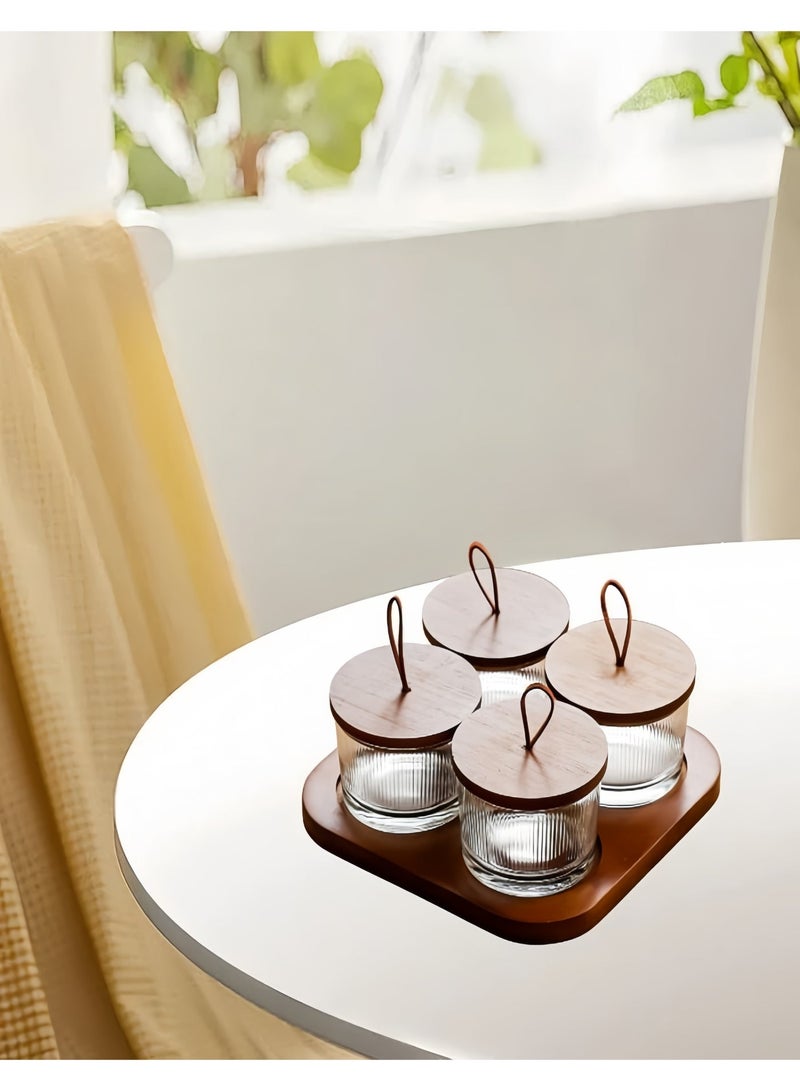 NayZaan Round Glass Snack Container, Snack Storage Box And Fruit Bowl Features Locust Wood Lid And Compartmentalized Tray Specialized Layered Tray For Nuts, Candies, And Dried Fruits (Includes 4 Jars) - Image 5