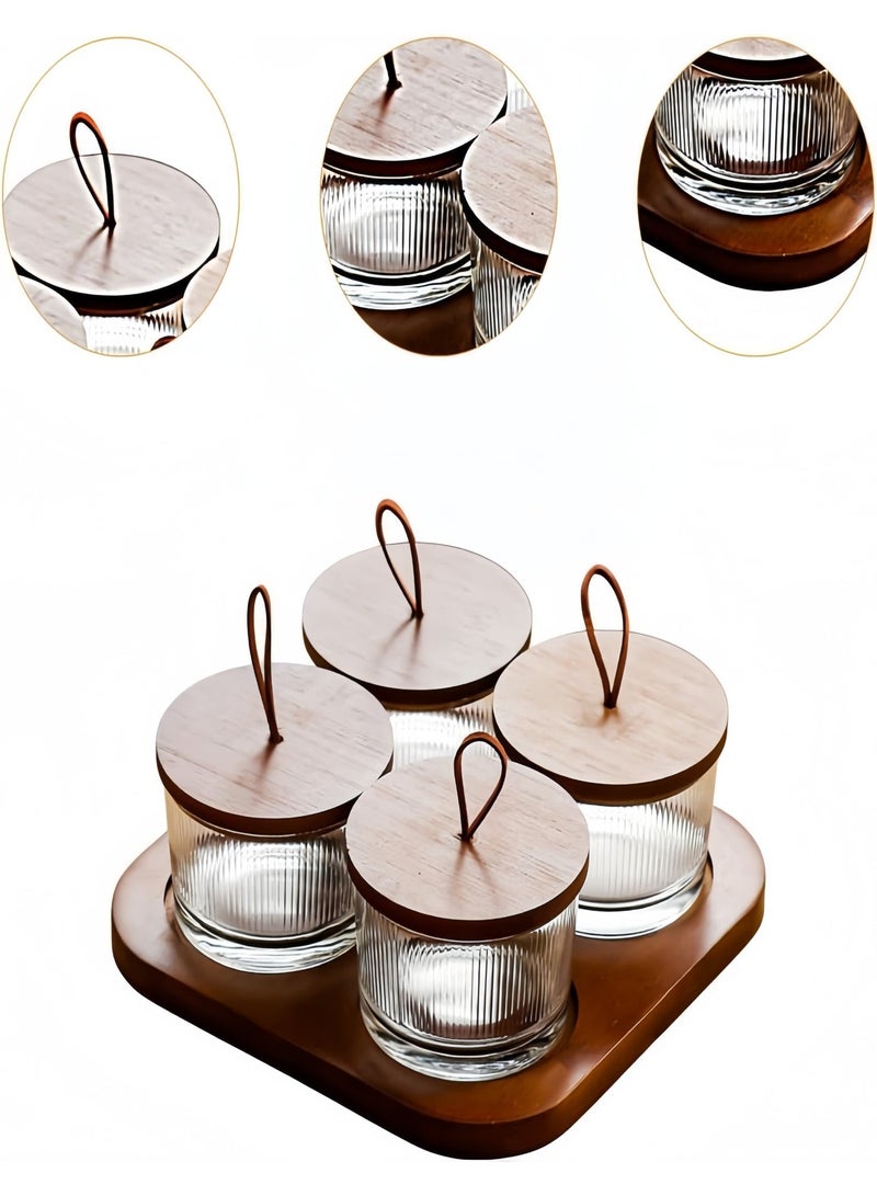 NayZaan Round Glass Snack Container, Snack Storage Box And Fruit Bowl Features Locust Wood Lid And Compartmentalized Tray Specialized Layered Tray For Nuts, Candies, And Dried Fruits (Includes 4 Jars) - Image 4