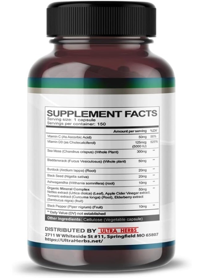 ULTRA HERBS كبسولات طحالب البحر العضوية مع زيت الحبة السوداء، أشواغاندا، جذر الأرقطيون، بلادر وراك لنظام المناعة، الأمعاء، البشرة والطاقة *صنع واختبار في الولايات المتحدة* - Image 2