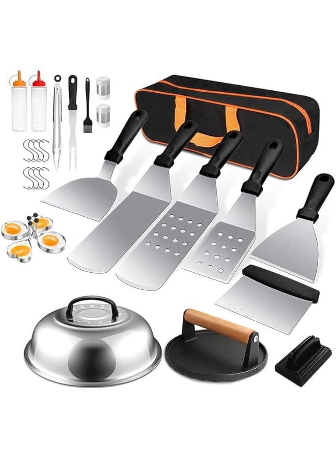 HOOKOR Griddle Accessories Kit, 29 PCS Flat Top Grill Accessories for Blackstone and Camp Chef, Metal BBQ Accessories with Burger Press, Melting Dome, Carry Bag for Outdoor Grilling BBQ - Image 1