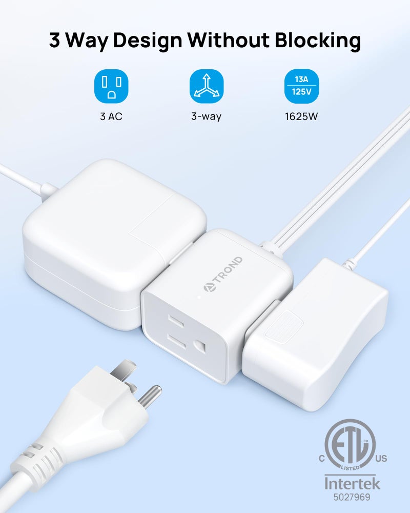 TROND Flat Extension Cord 6 Feet - Right Angled Flat Plug Power Strip, ETL Listed, 3 Plug Extension Outlets, Three Prong, SPT 16/3 Gauge, 13A, Small for Indoor Home Office Cruise Ship Travel, White - Image 2