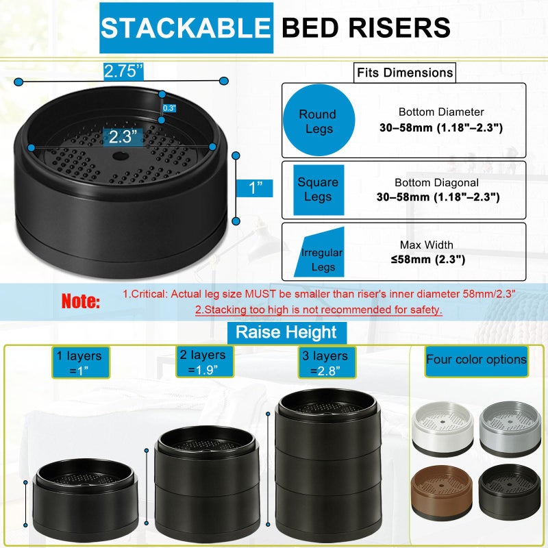 EGTTGIN Bed Risers 1 inch, 2 inch, 3 inch, 4 inch Heavy Duty, Adjustable Furniture Riser for Table Desk Couch Sofa Chair Refrigerator Washing Machine, Stackable Bed Raisers Blocks (Black 4 Pack, 1+1 inch) - Image 2