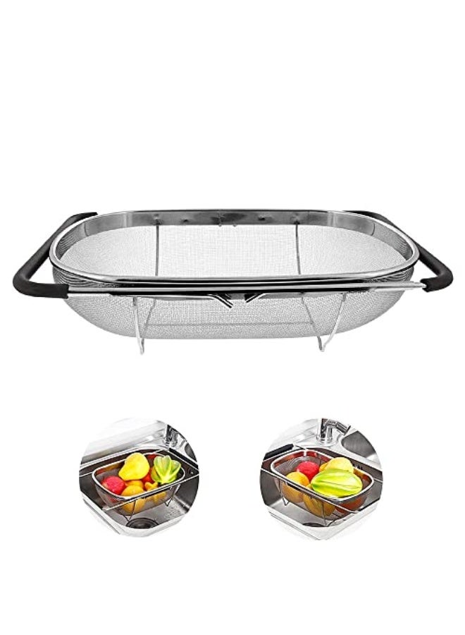 Beauenty Stainless Steel Over the Sink Colander Strainer Basket，Draining Basket，Sink Basket，Sink with Rubber Grip, Fine Mesh, Large Kitchen Gadgets Tools，Strainer Home Kitchen Essentials - Image 1