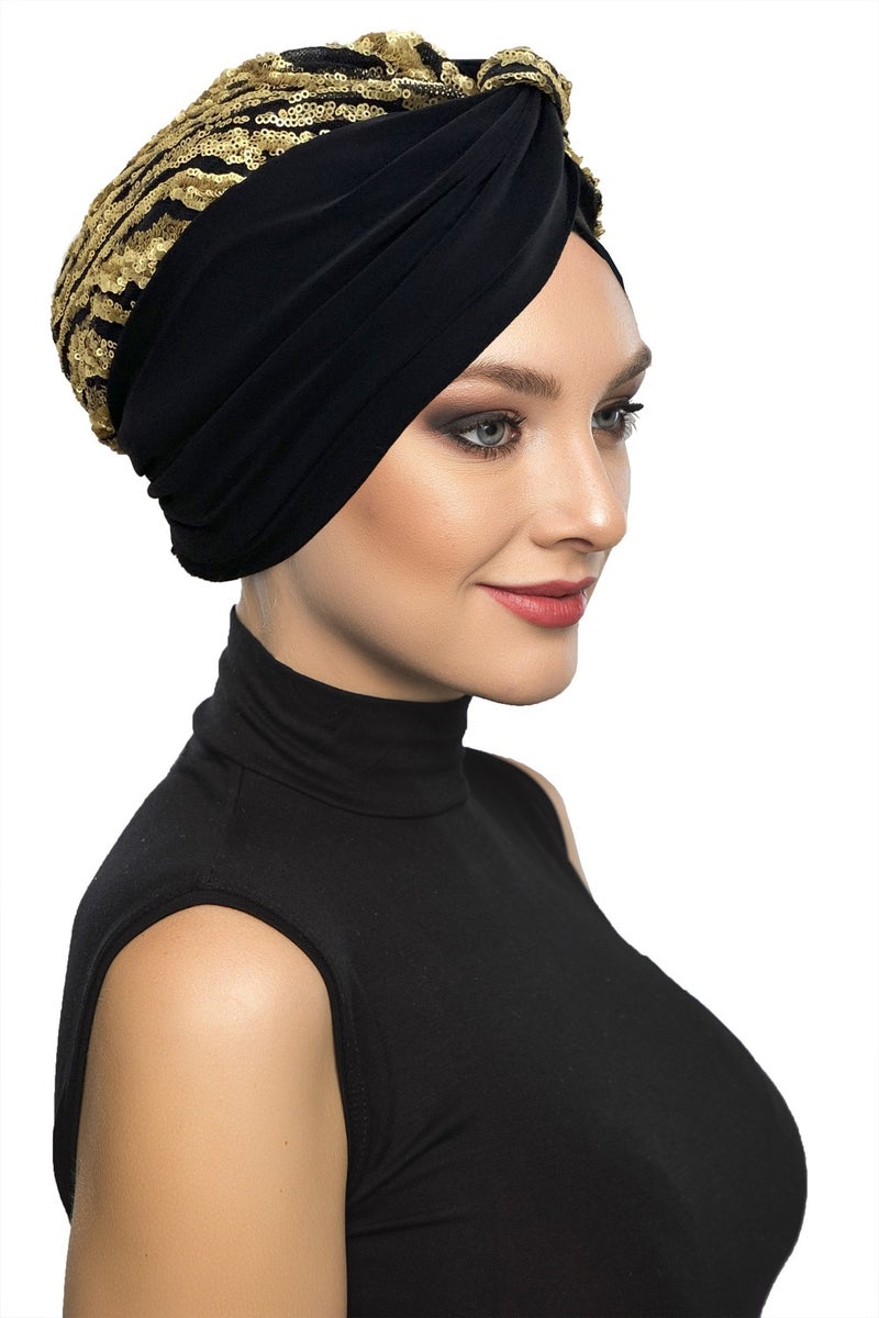 Fidan Bone Special Design Black Gold Wavy Sequined Lined Ready-made Hijab Hijab Evening Dress Bonnet - Image 1