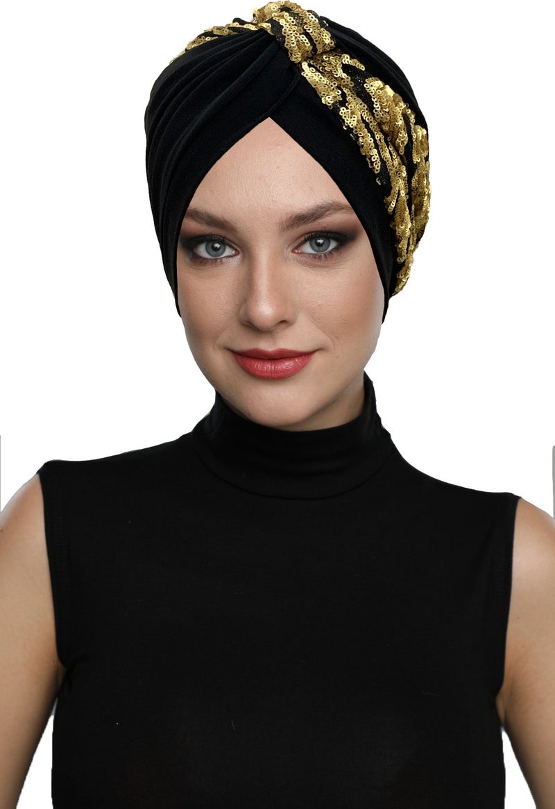 Fidan Bone Special Design Black Gold Wavy Sequined Lined Ready-made Hijab Hijab Evening Dress Bonnet - Image 3
