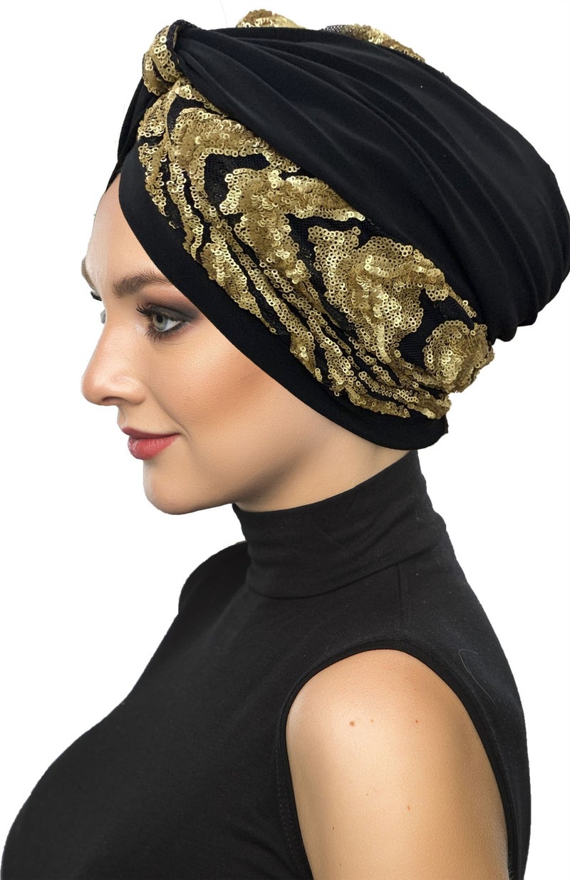 Fidan Bone Special Design Black Gold Wavy Sequined Lined Ready-made Hijab Hijab Evening Dress Bonnet - Image 2