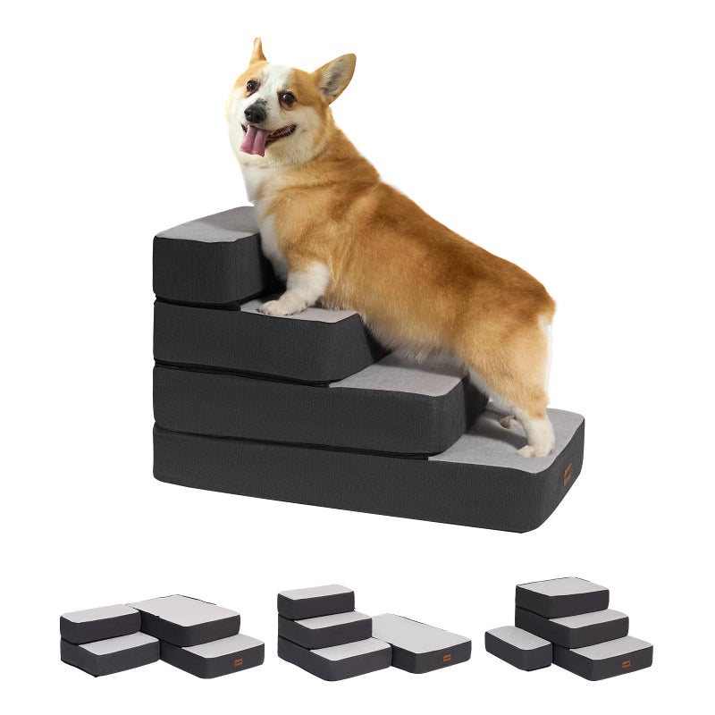 Garnpet 4-Step Adjustable Dog Stairs for Beds, Dog Steps for Small Dogs and Cats, Foldable Pet Stairs for Bed Climbing, Non-Slip Pet Step Indoor, Grey - Image 1