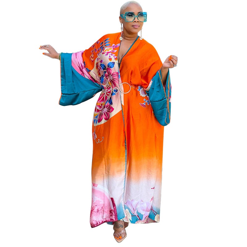 K10173 Euro-American Fashion Silk-like Printed Kimono Wrap Coat Orange gradient