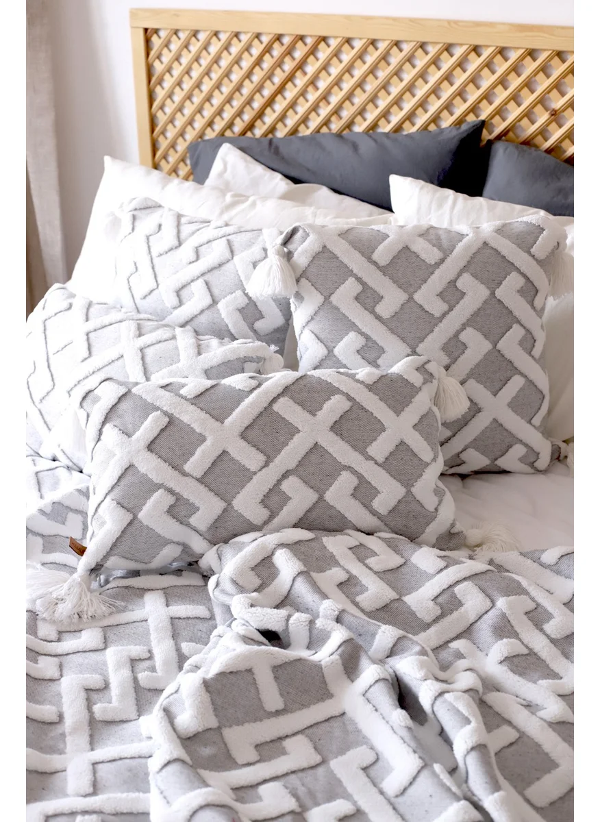 Hamur Dough Scandinavian Bedspread Set Double Set Bohemian Punch Punch Pattern Elda Gray