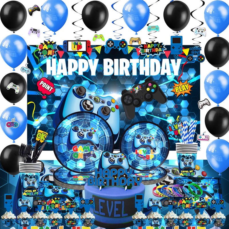 Mpanwen Blue Gamer Birthday Party Decoration  218Pcs Video Game Gaming Party Supplies For Boys Birthday Party  Backdrop Table Cover Cupcakes Wrappers Stickers Bracelets Serves 10 Guests - Image 2