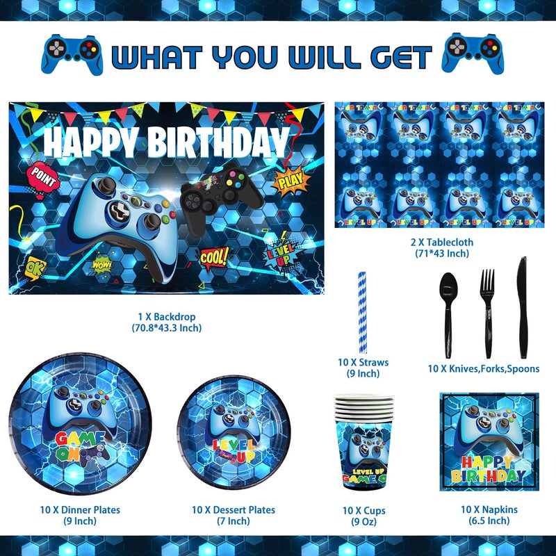 Mpanwen Blue Gamer Birthday Party Decoration  218Pcs Video Game Gaming Party Supplies For Boys Birthday Party  Backdrop Table Cover Cupcakes Wrappers Stickers Bracelets Serves 10 Guests - Image 3