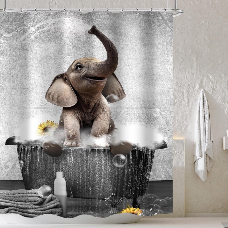 Cinbloo Funny Elephant Shower Curtain for Kids 60Wx72H Cute African Wild Animal in Bathtub Playing Water Bathroom Curtain Set Modern Grey Wildlife Bath Curtain Fabric Bathroom Decor with 12 Hooks - Image 1