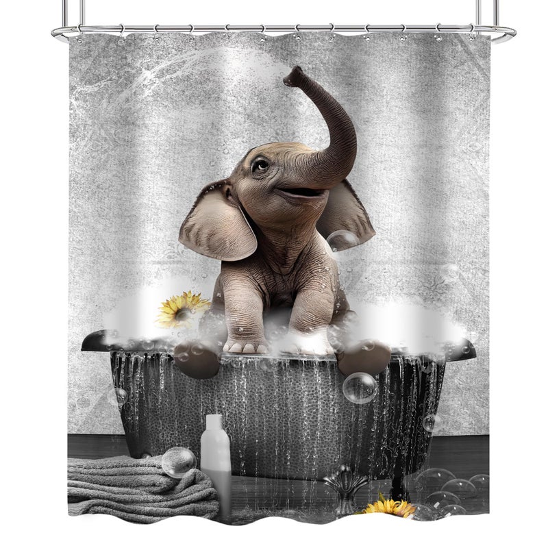Cinbloo Funny Elephant Shower Curtain for Kids 60Wx72H Cute African Wild Animal in Bathtub Playing Water Bathroom Curtain Set Modern Grey Wildlife Bath Curtain Fabric Bathroom Decor with 12 Hooks - Image 5
