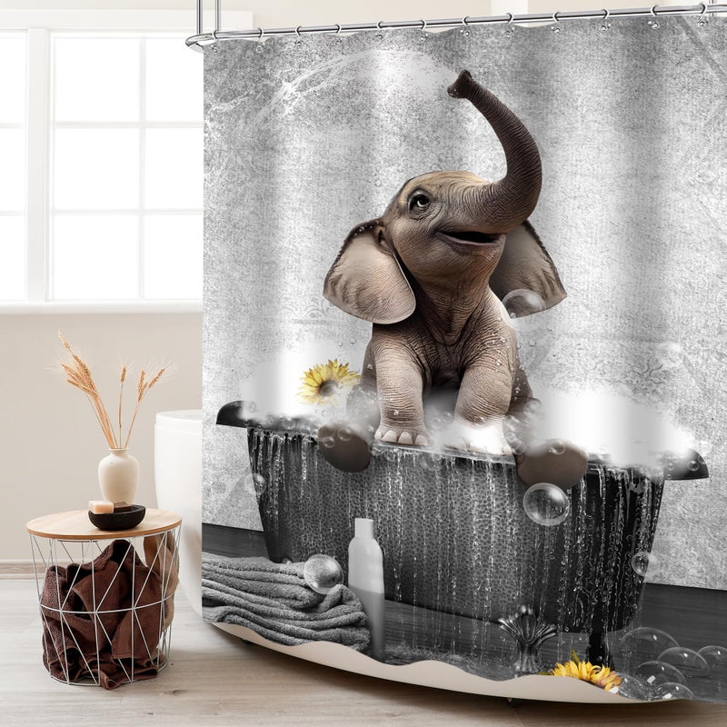 Cinbloo Funny Elephant Shower Curtain for Kids 60Wx72H Cute African Wild Animal in Bathtub Playing Water Bathroom Curtain Set Modern Grey Wildlife Bath Curtain Fabric Bathroom Decor with 12 Hooks - Image 2