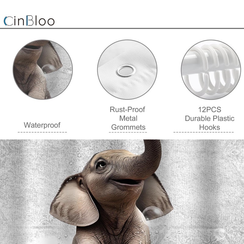 Cinbloo Funny Elephant Shower Curtain for Kids 60Wx72H Cute African Wild Animal in Bathtub Playing Water Bathroom Curtain Set Modern Grey Wildlife Bath Curtain Fabric Bathroom Decor with 12 Hooks - Image 4