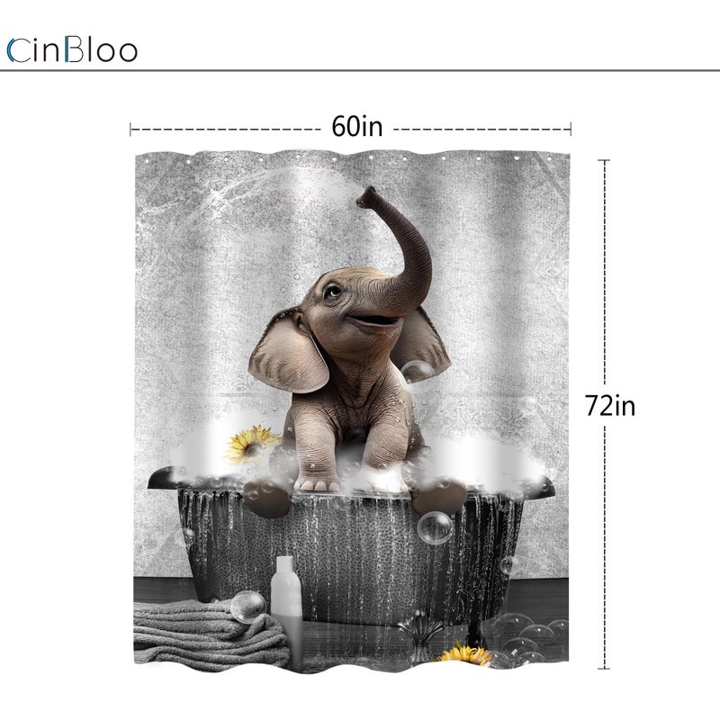 Cinbloo Funny Elephant Shower Curtain for Kids 60Wx72H Cute African Wild Animal in Bathtub Playing Water Bathroom Curtain Set Modern Grey Wildlife Bath Curtain Fabric Bathroom Decor with 12 Hooks - Image 3