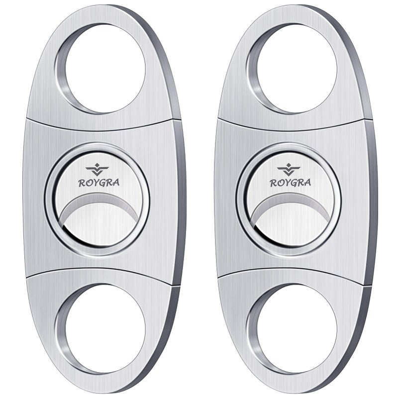 roygra Cigar Cutter Set 2 Pack Guillotine Double Blade Cigar Accessories for Men Stainless Steel Smoking Accessories Tool Portable Sharp Clean Cut Silver