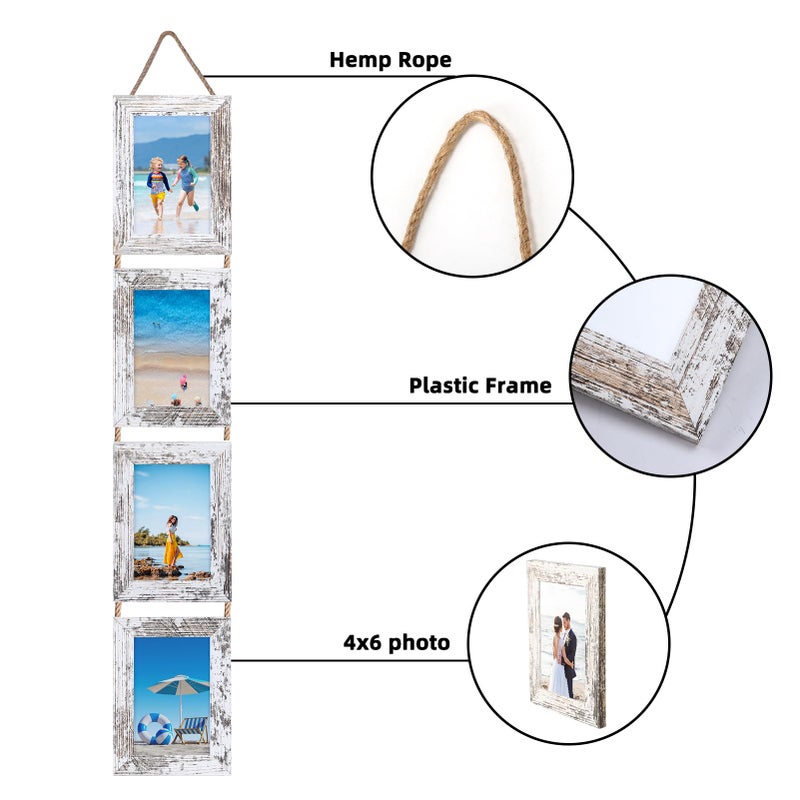 Lavezee 4x6 Hanging Collage Picture Frames Set of 2, 8 Opening Vertical Frame Made to Display 4 by 6 Inch Photo for Wall Decor, Distressed White - Image 4