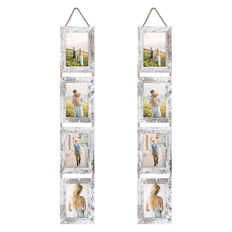 Lavezee 4x6 Hanging Collage Picture Frames Set of 2, 8 Opening Vertical Frame Made to Display 4 by 6 Inch Photo for Wall Decor, Distressed White - Image 1