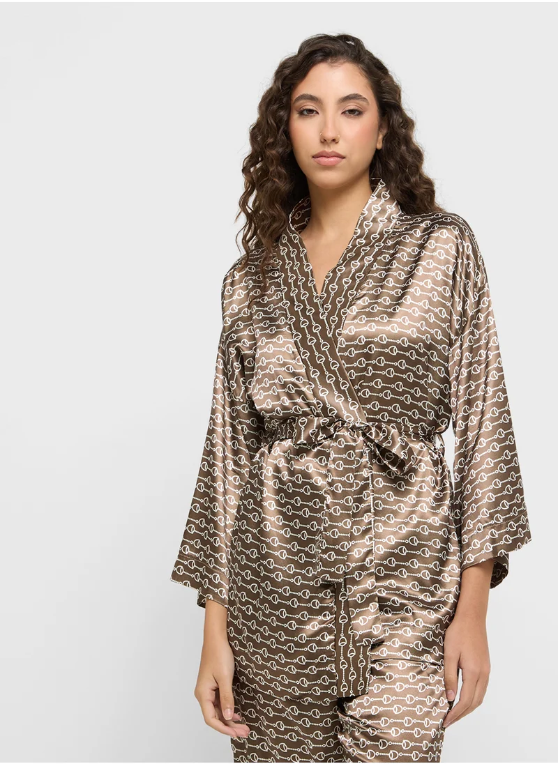 Ginger Geometric Print Satin Robe With Belt & Pyjama Set