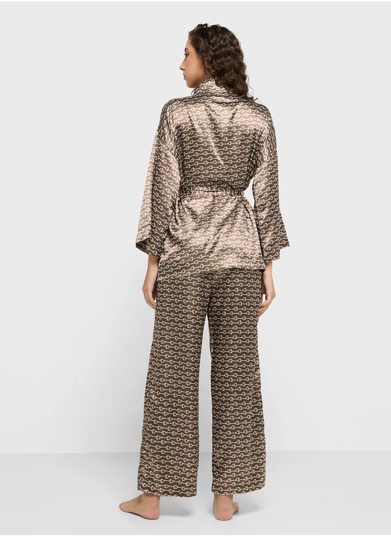 Ginger Geometric Print Satin Robe With Belt & Pyjama Set